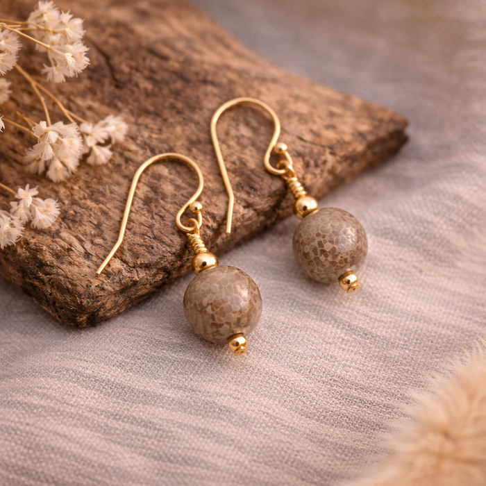 Gold Coral Earrings | Drop Earrings | 14K Gold Filled or Sterling silver | Fossilised Coral