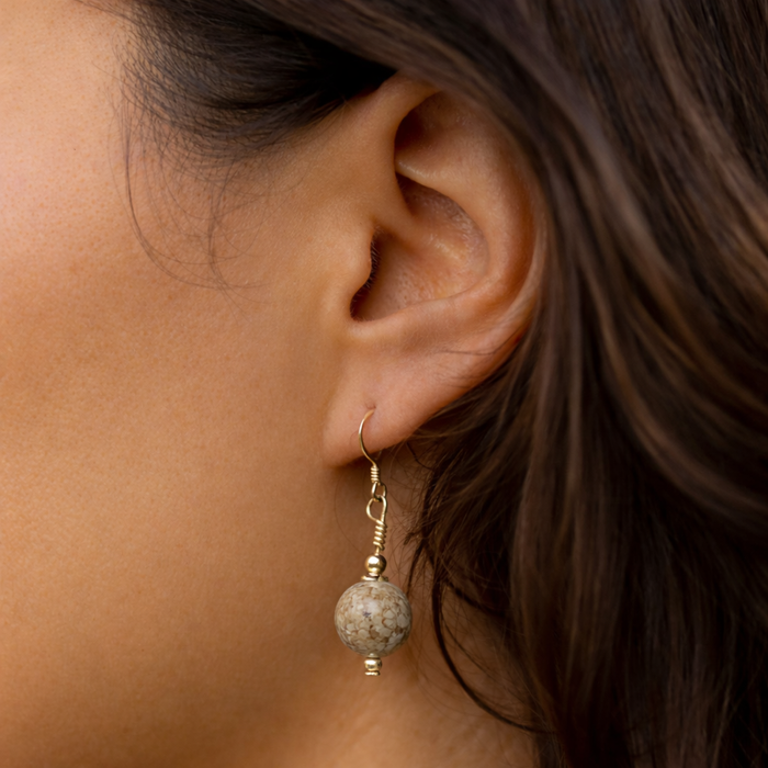 Gold Coral Earrings | Drop Earrings | 14K Gold Filled or Sterling silver | Fossilised Coral