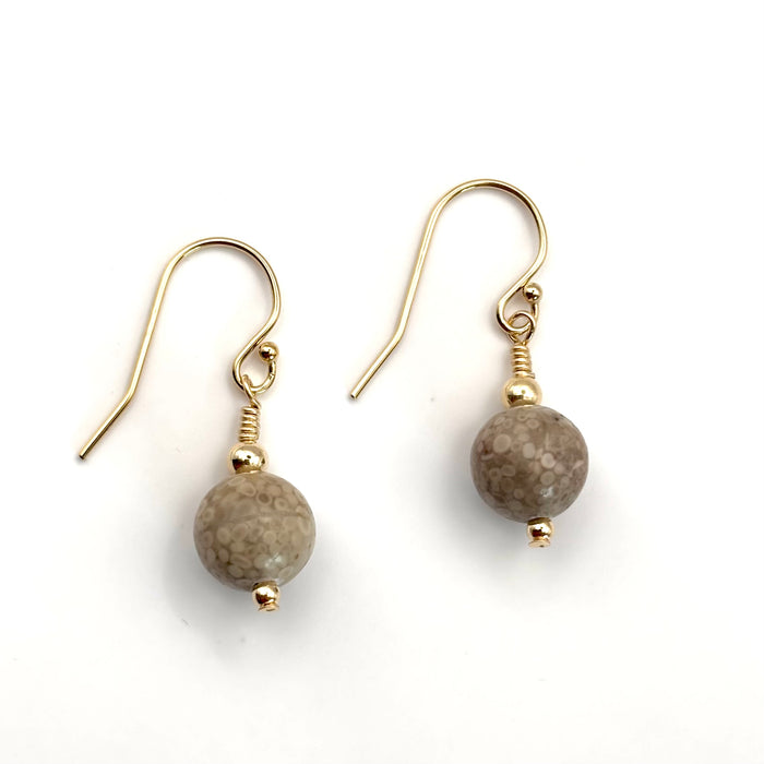 Gold Coral Earrings | Drop Earrings | 14K Gold Filled or Sterling silver | Fossilised Coral