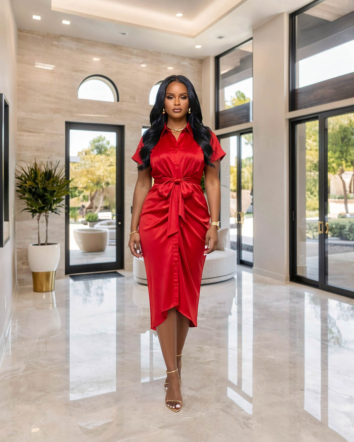 Gustave Red Draped Silky Midi Dress