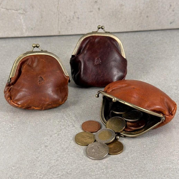 Handmade Leather Coin Purse, Genuine Leather Change Wallet, Kiss Lock Pouch