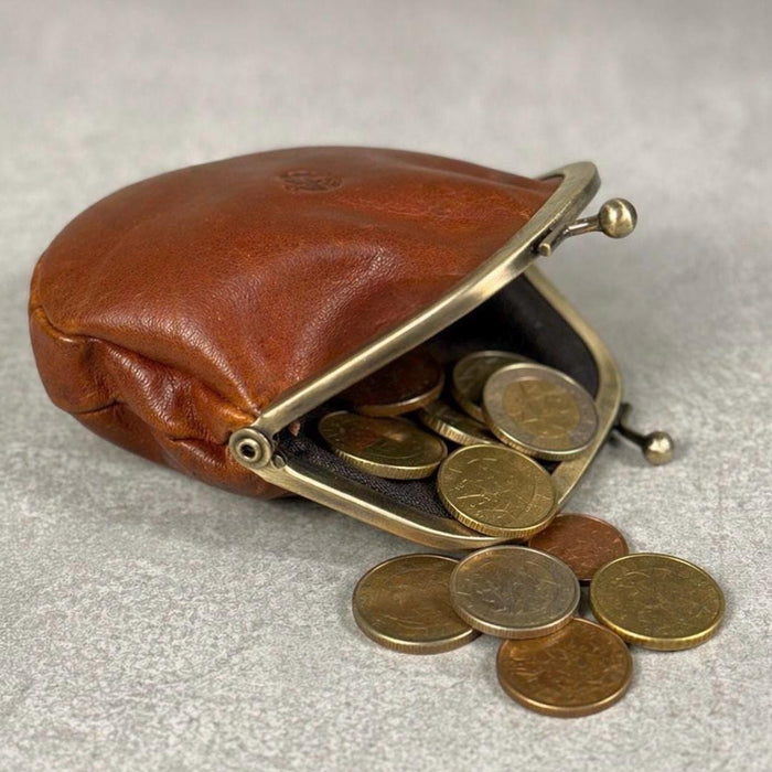 Handmade Leather Coin Purse, Genuine Leather Change Wallet, Kiss Lock Pouch