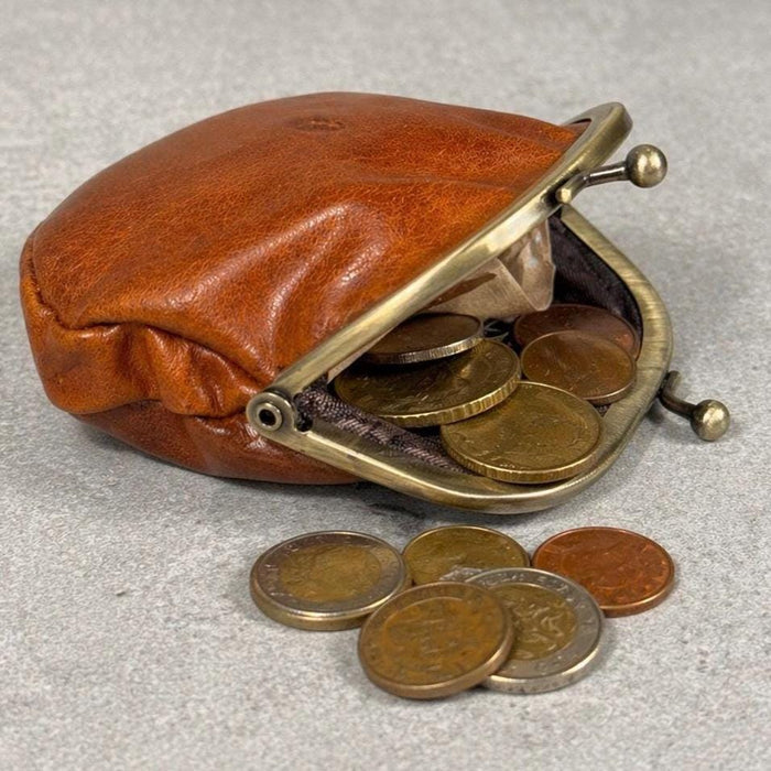 Handmade Leather Coin Purse, Genuine Leather Change Wallet, Kiss Lock Pouch