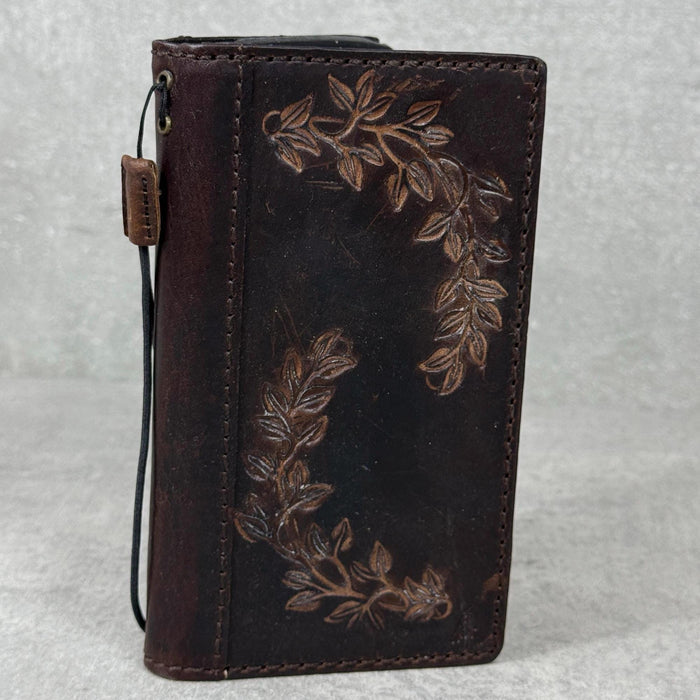 Handmade Leather Wallet Case: Floral Book Design for Galaxy S21/S22/S23/S24/S25