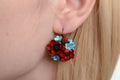 Handmade volume earrings with small red and blue polymer clay flower bouquets