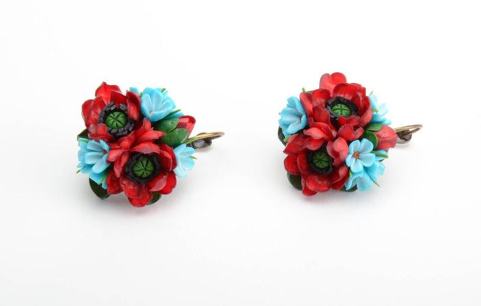Handmade volume earrings with small red and blue polymer clay flower bouquets