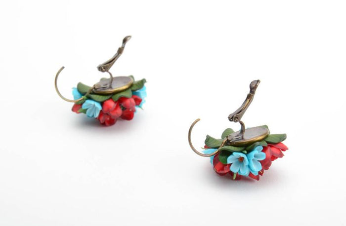 Handmade volume earrings with small red and blue polymer clay flower bouquets