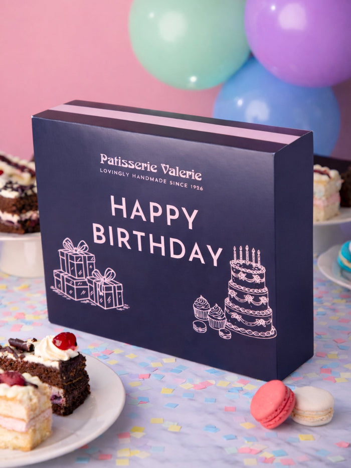 Patisserie Valerie's handmade Happy Birthday Cake Slice Box – 10 Assorted Luxury Cake Slices with Gift Box Sleeve cake delivery