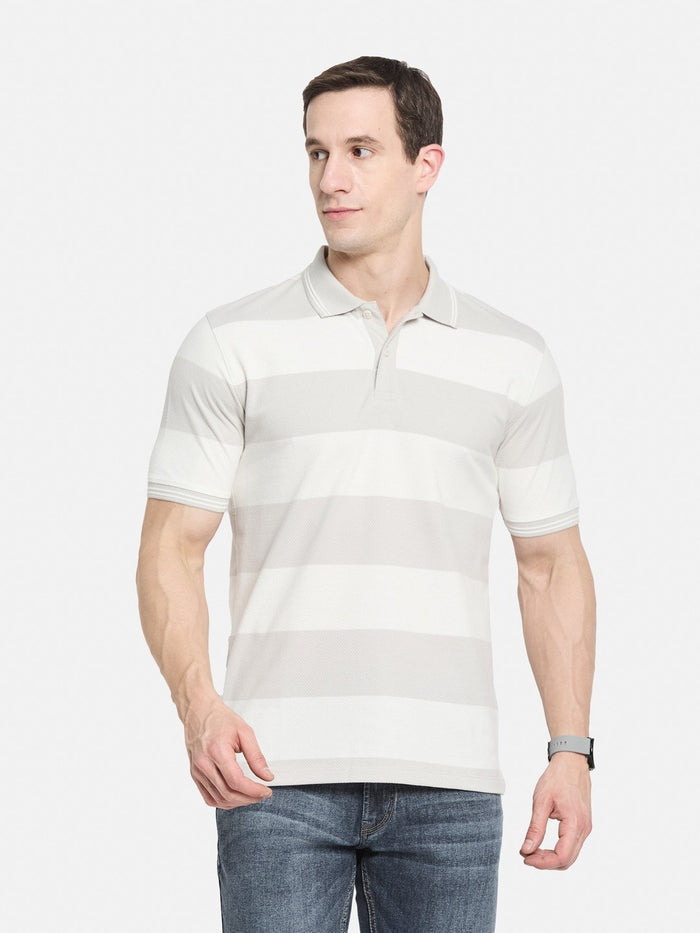 HORIZONTAL STRIPE POLO NECK POPCORN KNIT LYCRA  T-SHIRT