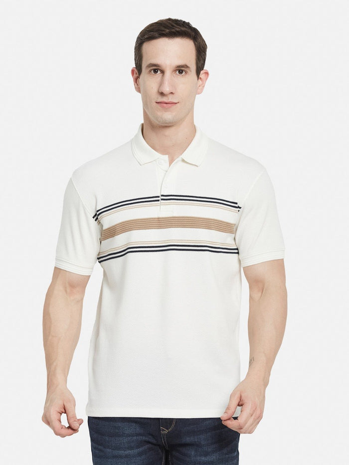 HORIZONTAL STRIPE POLO NECK POPCORN KNIT  T-SHIRT