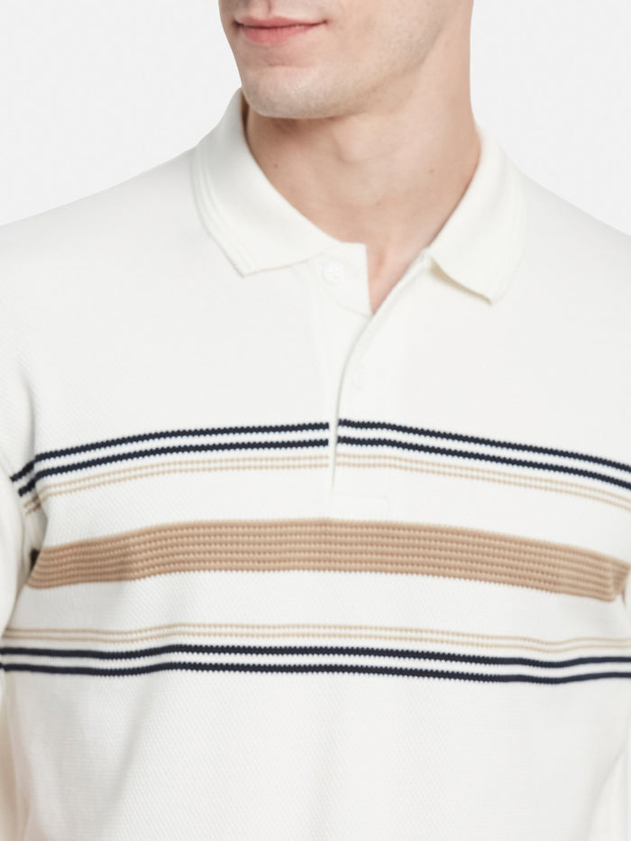 HORIZONTAL STRIPE POLO NECK POPCORN KNIT  T-SHIRT