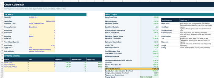 House cleaning quote calculator with menu price, cost floor, contribution and margin