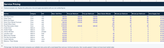 Editable house cleaning service pricing table with add-ons, time and supply costs