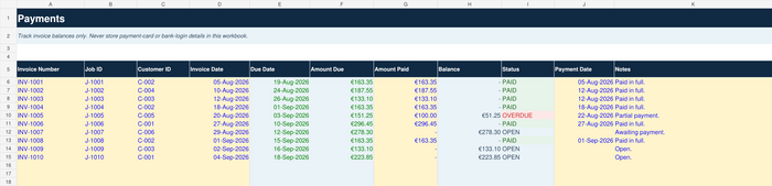 House cleaning invoice and payment tracker with balances and overdue flags