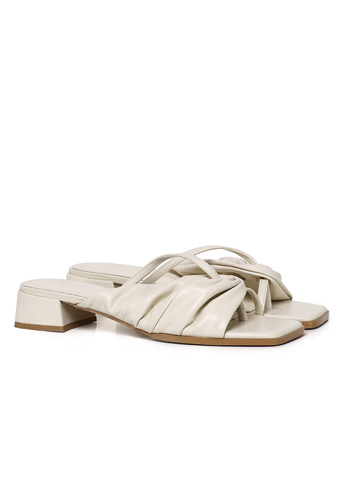 Hunera Asymmetric Pleated Low Heels Sandals (Cream)