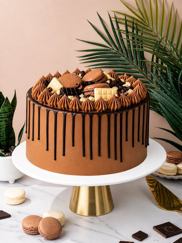 Indulgent Chocolate Celebration Cake with a dark chocolate drip, macarons and chocolate pieces on top