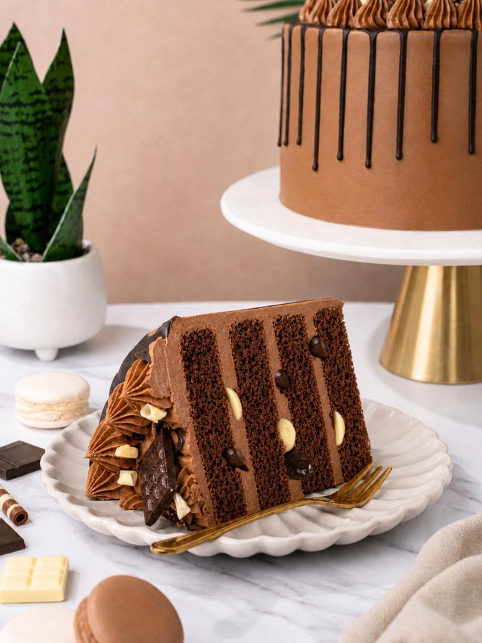 Slice of indulgent chocolate cake showing five layers of chocolate sponge and buttercream