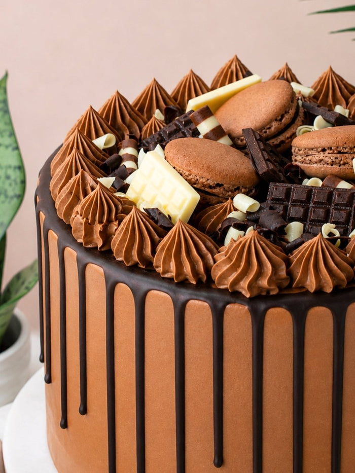 Close view of the chocolate drip, macarons and chocolate shards crowning the celebration cake