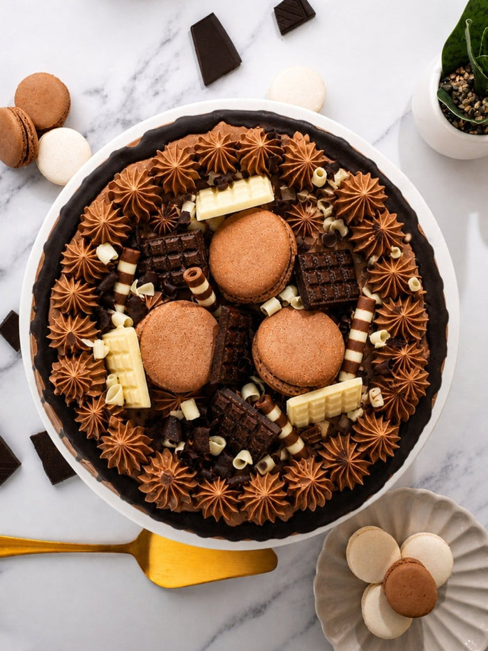 Overhead view of the chocolate celebration cake piled with macarons, chocolate pieces and curls