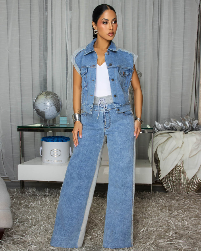 Jodie Light Denim Heather Grey Vest & Pants Set