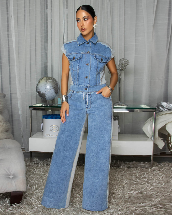 Jodie Light Denim Heather Grey Vest & Pants Set