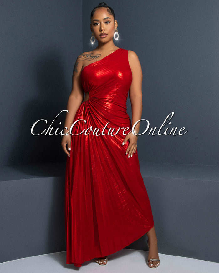 *Jovanika Red Shimmer Pleated Single Shoulder Maxi Dress