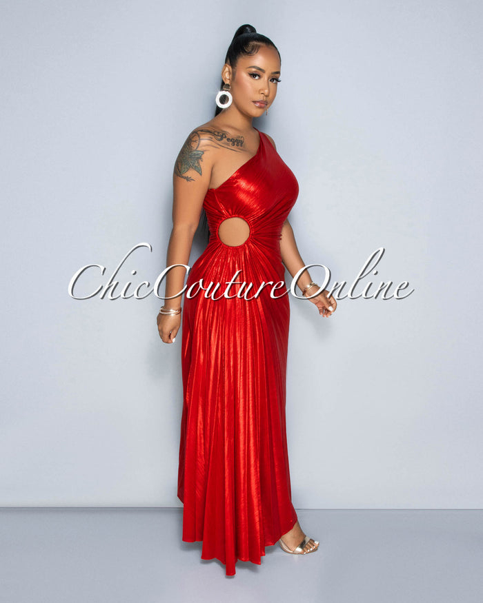 *Jovanika Red Shimmer Pleated Single Shoulder Maxi Dress