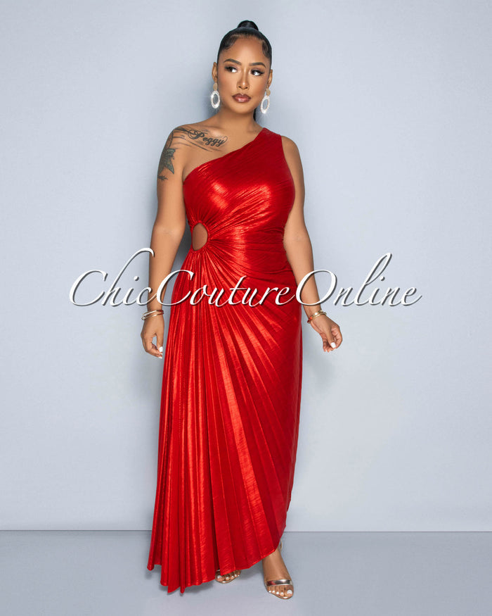 *Jovanika Red Shimmer Pleated Single Shoulder Maxi Dress