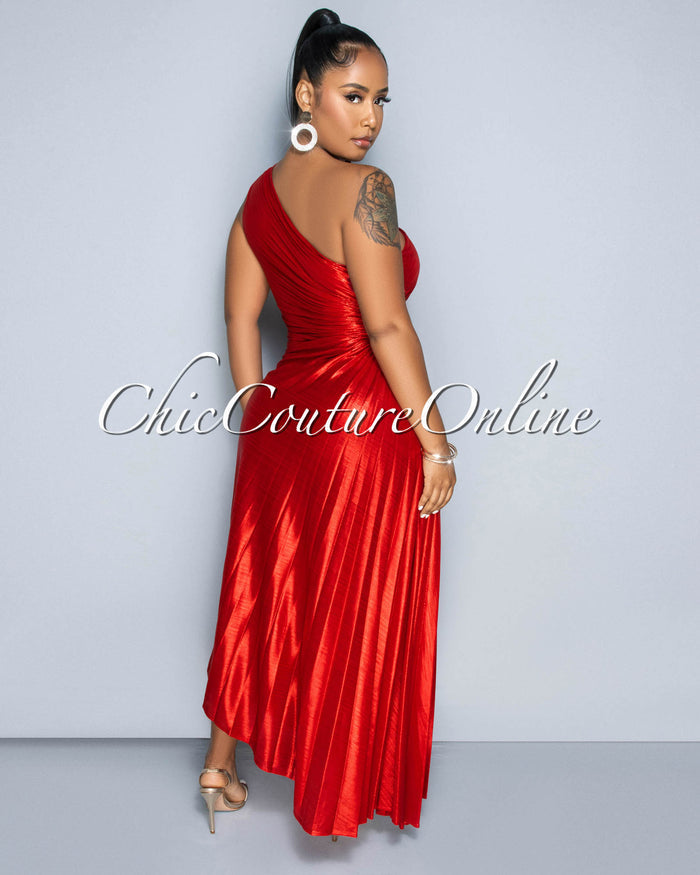 *Jovanika Red Shimmer Pleated Single Shoulder Maxi Dress