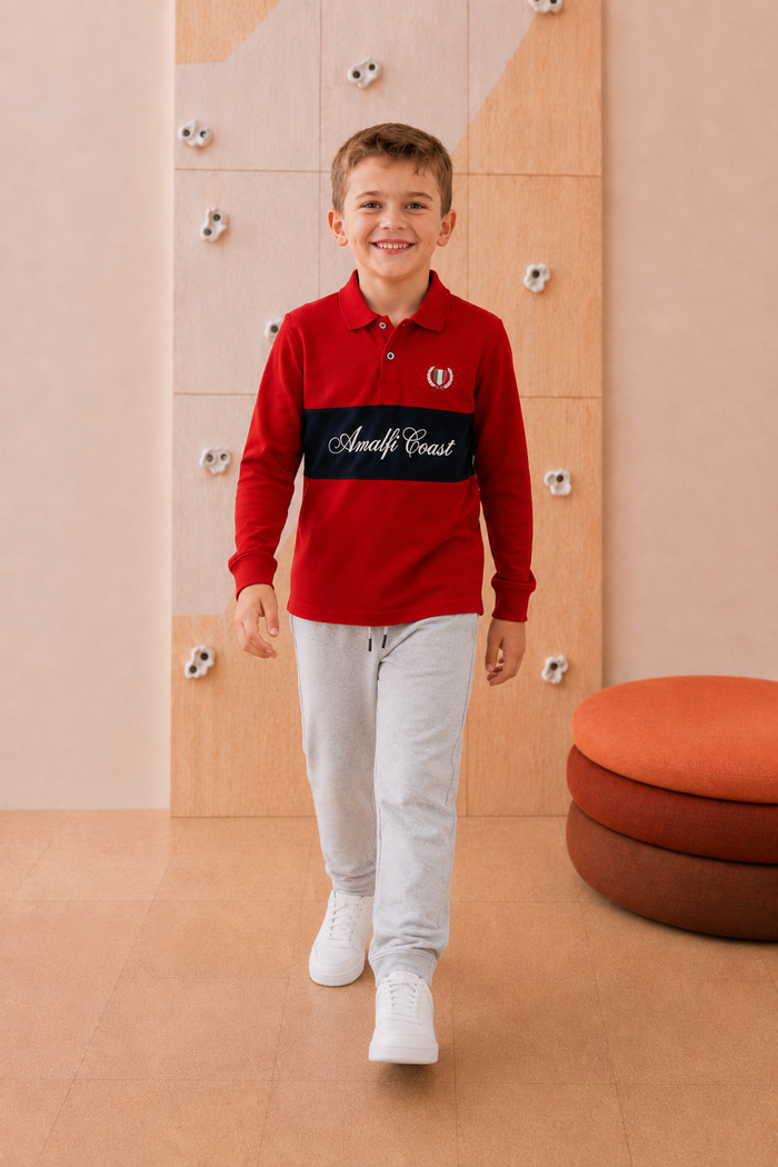 Junior Boys Brick Cotton Pique Polo Collar Full Sleeve Pre-Winter T-Shirt – Regular Fit