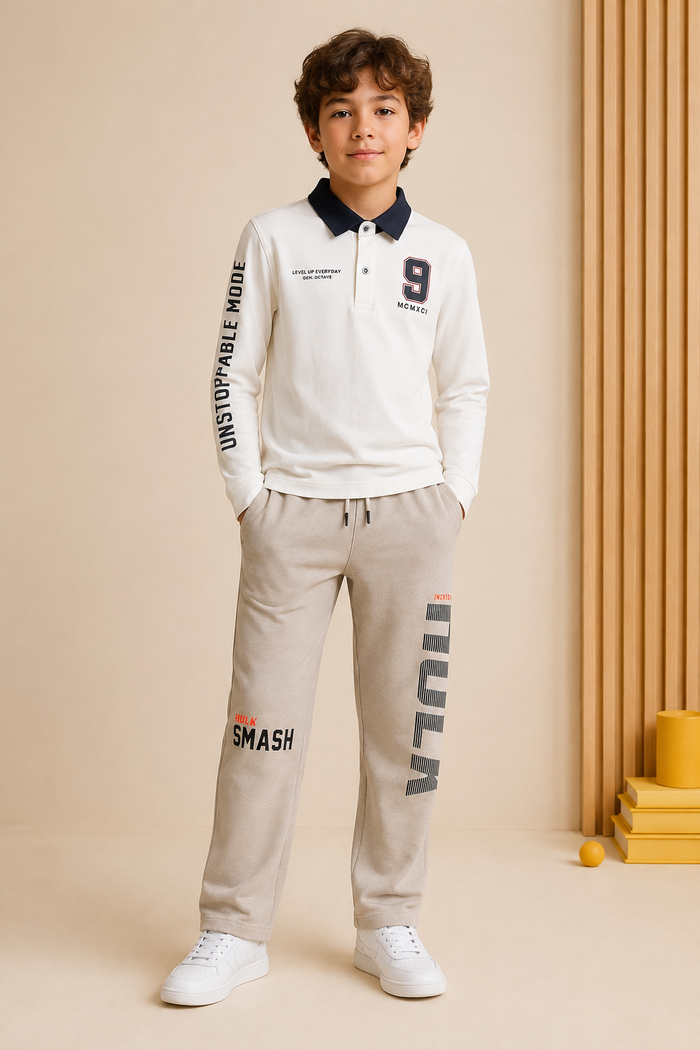 Junior Boys Off-White Cotton Sinker Polo Collar Full Sleeve Pre-Winter T-Shirt – Regular Fit