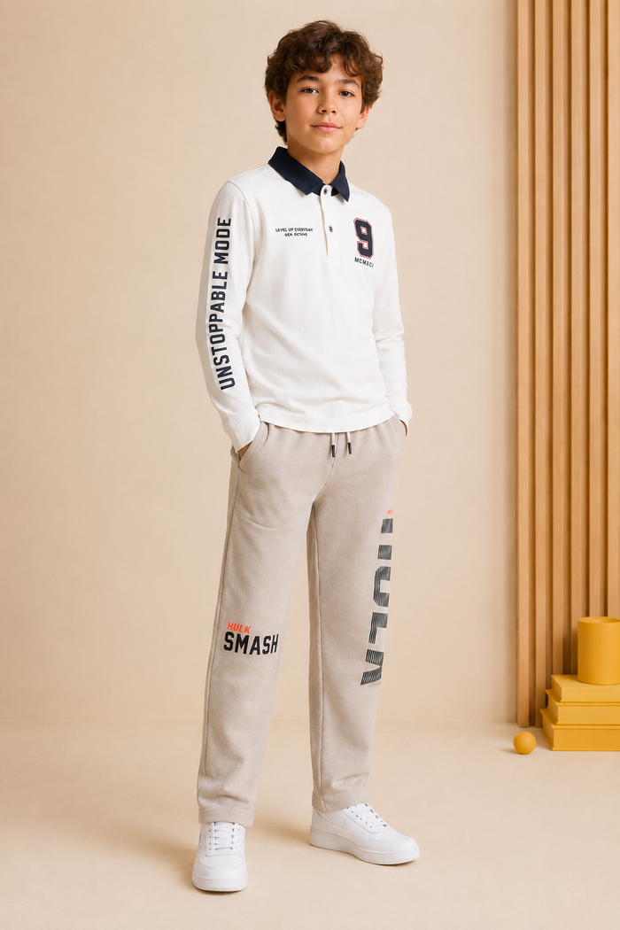 Junior Boys Off-White Cotton Sinker Polo Collar Full Sleeve Pre-Winter T-Shirt – Regular Fit