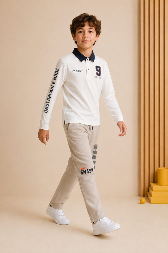 Junior Boys Off-White Cotton Sinker Polo Collar Full Sleeve Pre-Winter T-Shirt – Regular Fit
