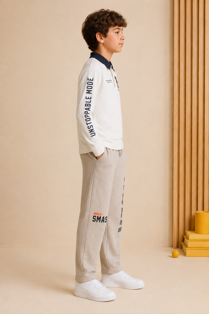 Junior Boys Off-White Cotton Sinker Polo Collar Full Sleeve Pre-Winter T-Shirt – Regular Fit