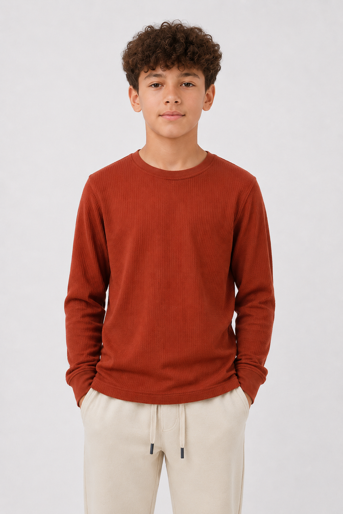 Junior Boys Rust Seersucker Full Sleeve Pre-Winter T-Shirt – Regular Fit Round Neck