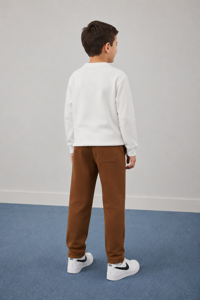 Junior Boys White Seersucker Henley Collar Full Sleeve Pre-Winter T-Shirt – Regular Fit