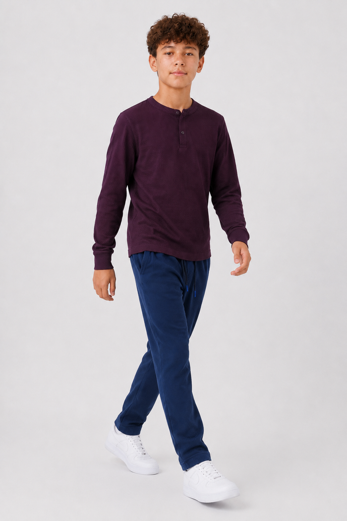 Junior Boys Wine Seersucker Henley Collar Full Sleeve Pre-Winter T-Shirt – Regular Fit