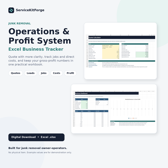 Junk Removal Operations and Profit System Excel business tracker by ServiceKitForge
