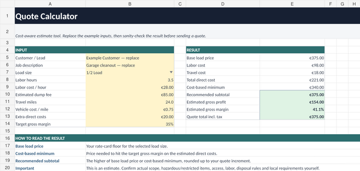 Junk Removal Operations and Profit System quote calculator spreadsheet preview