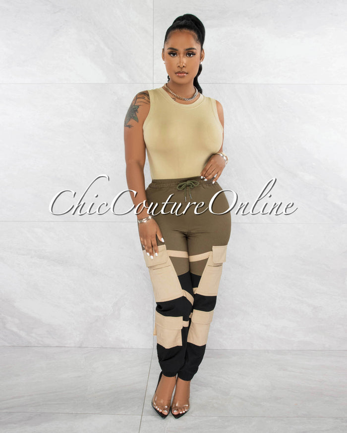 *Karry Olive Black Nude Straps Cargo Jogger Pants