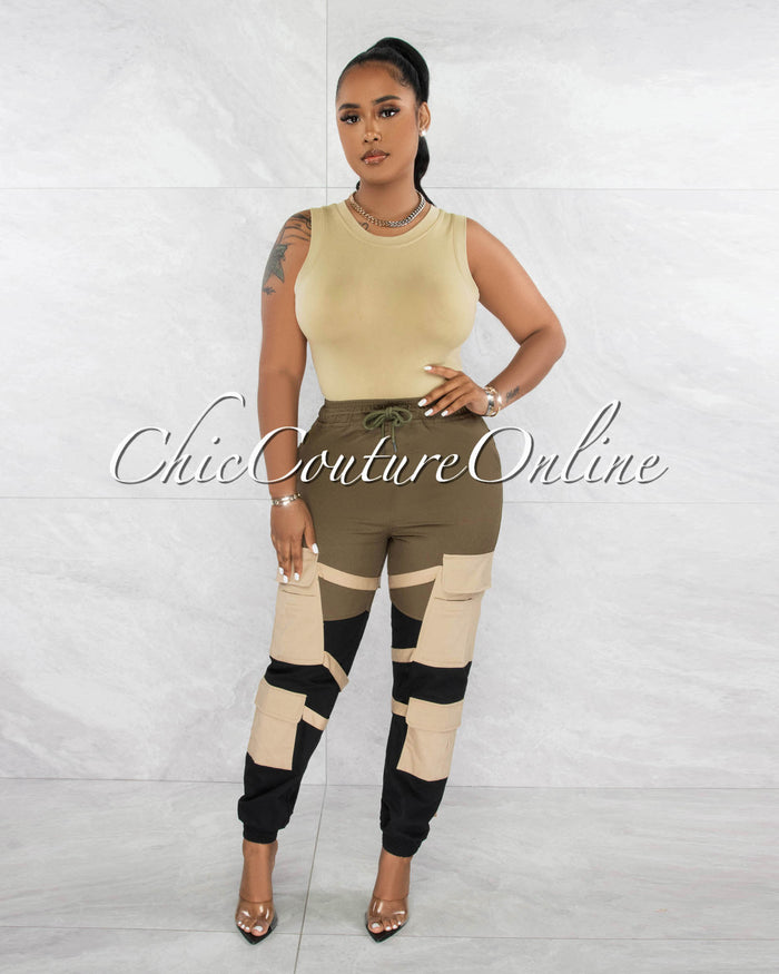 *Karry Olive Black Nude Straps Cargo Jogger Pants