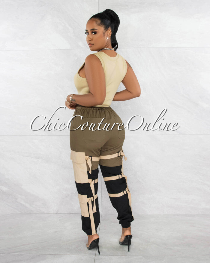 *Karry Olive Black Nude Straps Cargo Jogger Pants