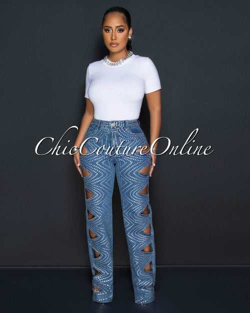 *Ketty Medium Denim Rhinestones Cut-Out Jeans