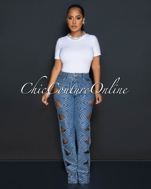 *Ketty Medium Denim Rhinestones Cut-Out Jeans