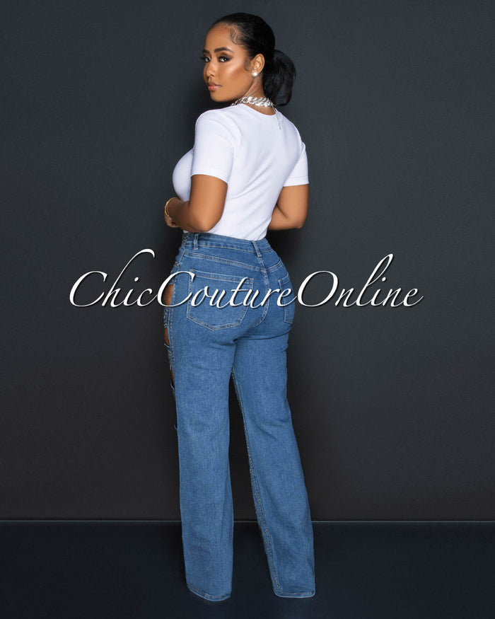 *Ketty Medium Denim Rhinestones Cut-Out Jeans