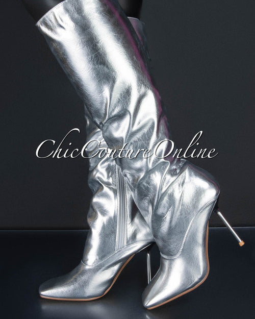 *Laiva Silver Faux Leather High Boots