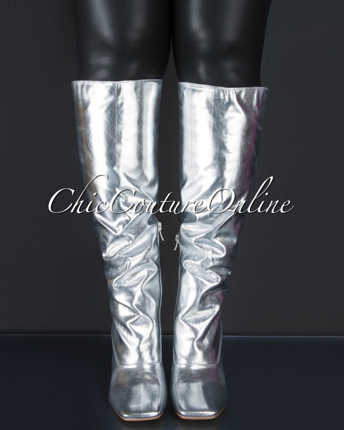 *Laiva Silver Faux Leather High Boots