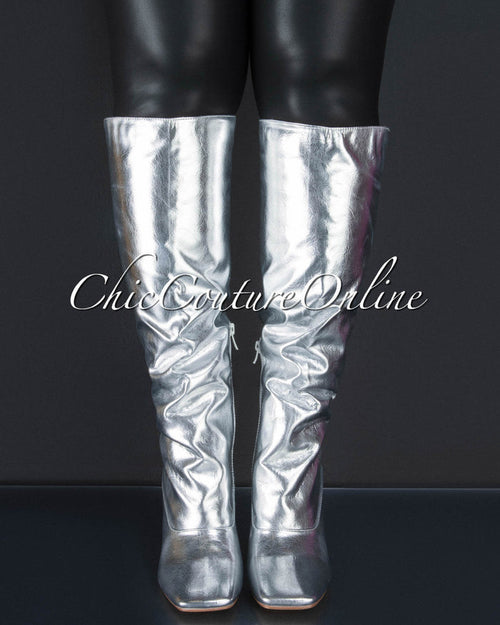 *Laiva Silver Faux Leather High Boots