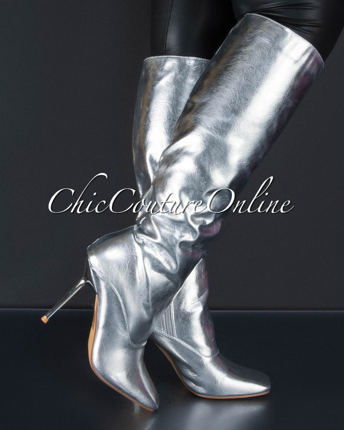 *Laiva Silver Faux Leather High Boots