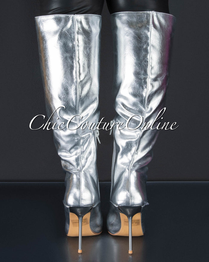 *Laiva Silver Faux Leather High Boots